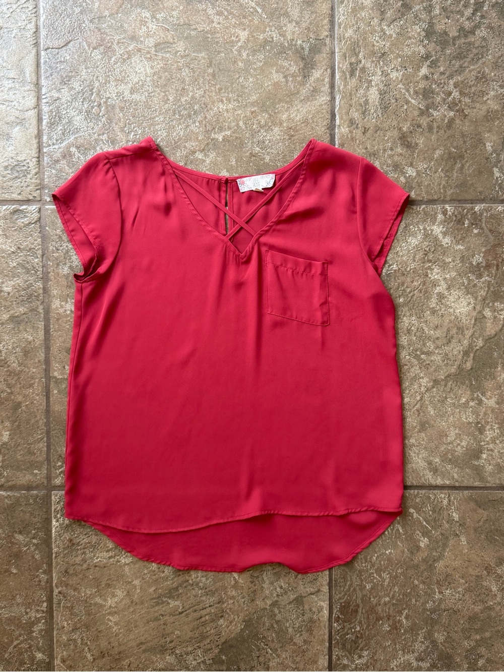Pink Rose Criss Cross V-Neck Blouse Cap Sleeve High Low Pocket Top L